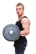 One handsome muscleman in with barbell in hands on white One handsome muscleman in with barbell in hands on white