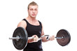 One handsome muscular man with barbell in hands cutout on white One handsome muscular man with barbell in hands cutout on white