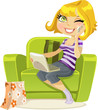 pretty blonde sitting in a chair talking on the phone