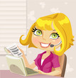 Vector: Lovely girl manager with a microphone and notebook with records Lovely girl manager with a microphone and notebook with records