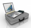 laptop and notepad with pen on case  on white