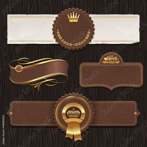 Vektor: Vector set of leather & golden framed labels Vector set of leather & golden framed labels
