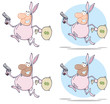 Happy Bandits Running With Rabbit Costume. Vector Collection Happy Bandits Running With Rabbit Costume. Vector Collection