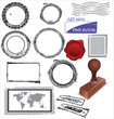 empty postage stamps, rubber stamps and wax seal