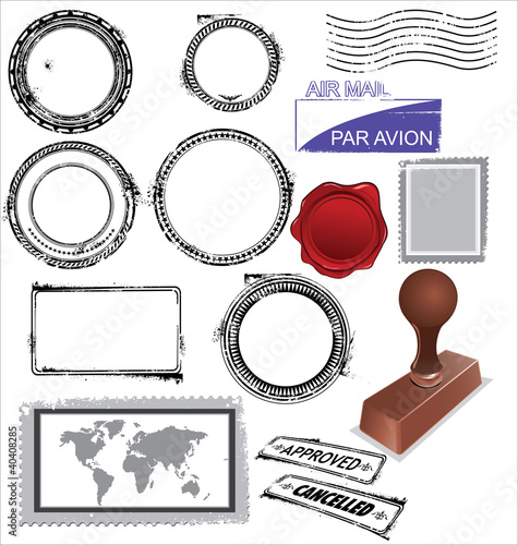 Vector: empty postage stamps, rubber stamps and wax seal empty postage stamps, rubber stamps and wax seal