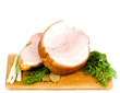 Tasty smoked meat with spaces on white background