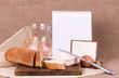 Banner add for recipe with bread, eggs and milk Banner add for recipe with bread, eggs and milk