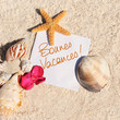 Photo: Blank paper beach sand starfish shells summer Blank paper beach sand starfish shells summer