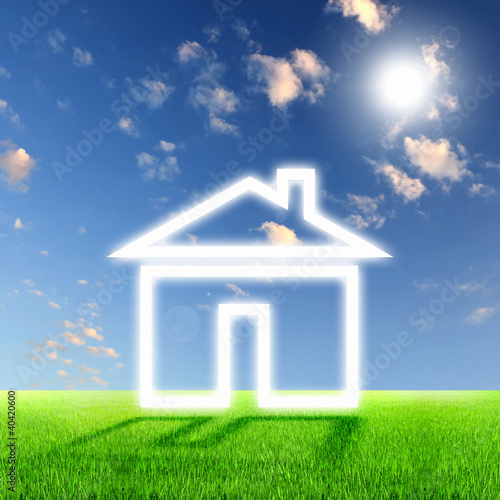 Illustration: House from white clouds against blue sky House from white clouds against blue sky