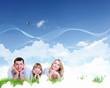 Collage with children and parents on green grass