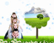 Collage with children and parents on green grass