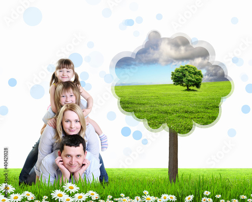 Photo: Collage with children and parents on green grass Collage with children and parents on green grass