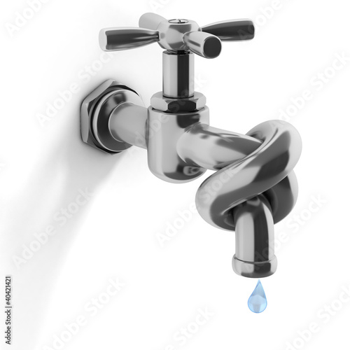 Illustration: water crisis 3d concept - tap tied in a knot water crisis 3d concept - tap tied in a knot