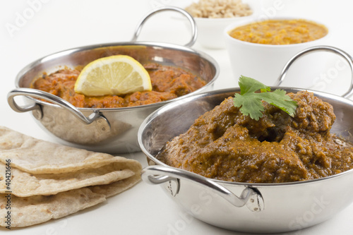 Photo: Goan Chicken Xacuti & Meat Madras with rice, dahl & chapati Goan Chicken Xacuti & Meat Madras with rice, dahl & chapati