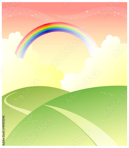 Vector: Green mountain with rainbow in sky Green mountain with rainbow in sky