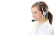 Support phone operator in headset, isolated on white