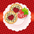 Sweet background. A couple of cookies and strawberries in sugar. Sweet background. A couple of cookies and strawberries in sugar.