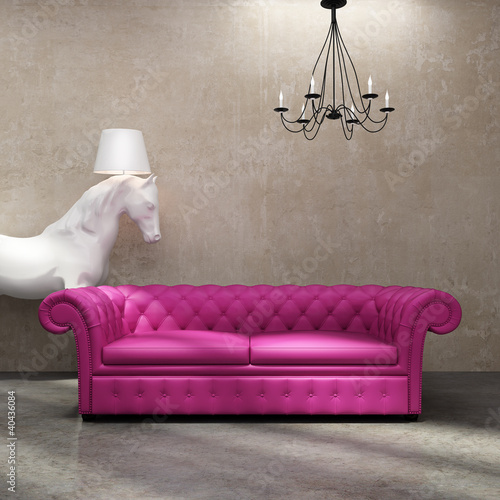 Illustration: Vintage antique tufted modern classic sofa, grunge wall, horse Vintage antique tufted modern classic sofa, grunge wall, horse