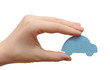 woman hand holding blue car isolated on white background