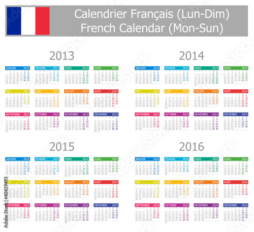 Vector: 2013-2016 Type-1 French Calendar Mon-Sun on white background 2013-2016 Type-1 French Calendar Mon-Sun on white background