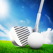 Playing golf. Ball on tee, a golf club