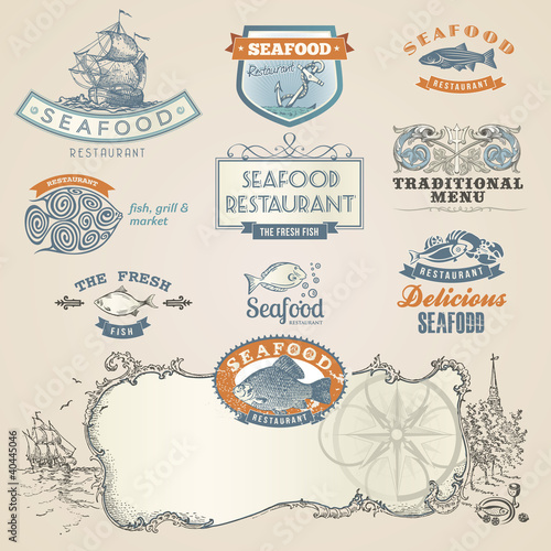 Vector: Seafood labels and elements Seafood labels and elements