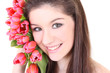 Close-up portrait of girl with pink tulips Close-up portrait of girl with pink tulips