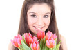 Happy girl with pink tulips Happy girl with pink tulips