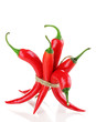 Red hot chili peppers tied with rope isolated on white