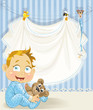 baby boy blue openwork announcement card with baby character
