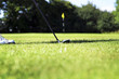 A golf club putting a golf ball into the hole.