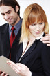 Businesswoman in shock with her colleague's behaviour.