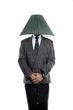 Businessman with a lamp shade covering his head.