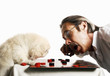 Foto: Senior man playing checkers with his dog Senior man playing checkers with his dog