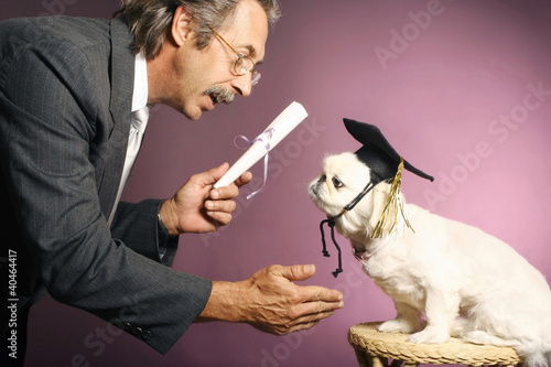 Foto: Senior man presenting a scroll to his dog Senior man presenting a scroll to his dog