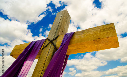 Photo: Cross with purple drape or sash for Easter Cross with purple drape or sash for Easter