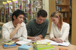 Two men and a woman having discussion in the library