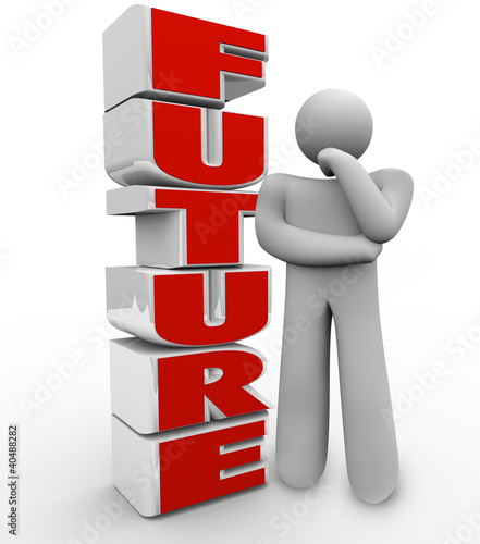 Illustration: Thinking Person Man Ponders Future Beside Word Thinking Person Man Ponders Future Beside Word