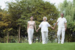 Woman together with senior couple holding hands while walking in the park