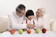 Senior man teaching boy how to count, senior woman smiling while watching