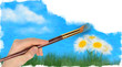 The hand with a brush draws a landscape.