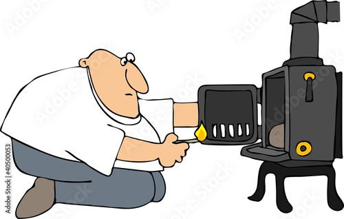 Illustration: Man Lighting A Wood Stove Man Lighting A Wood Stove