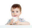 little child drinking yogurt or kefir over white