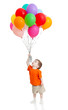 Funny baby boy  with bunch of colorful ballons in his hand. Isol