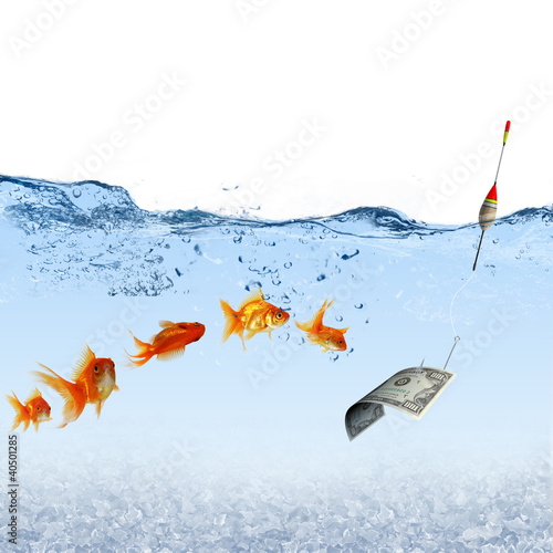 Photo: Swimming gold fish and money symbols Swimming gold fish and money symbols