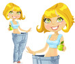 Young athletic woman shows old jeans after losing weight Young athletic woman shows old jeans after losing weight