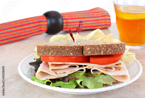 Photo: Healthy turkey sandwich on whole wheat bread. Healthy turkey sandwich on whole wheat bread.