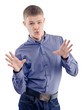 young crazy guy in a shirt,indicates,isolated over white