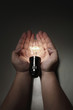 Hands holding lit lightbulb