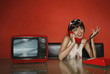 Woman using rotary phone